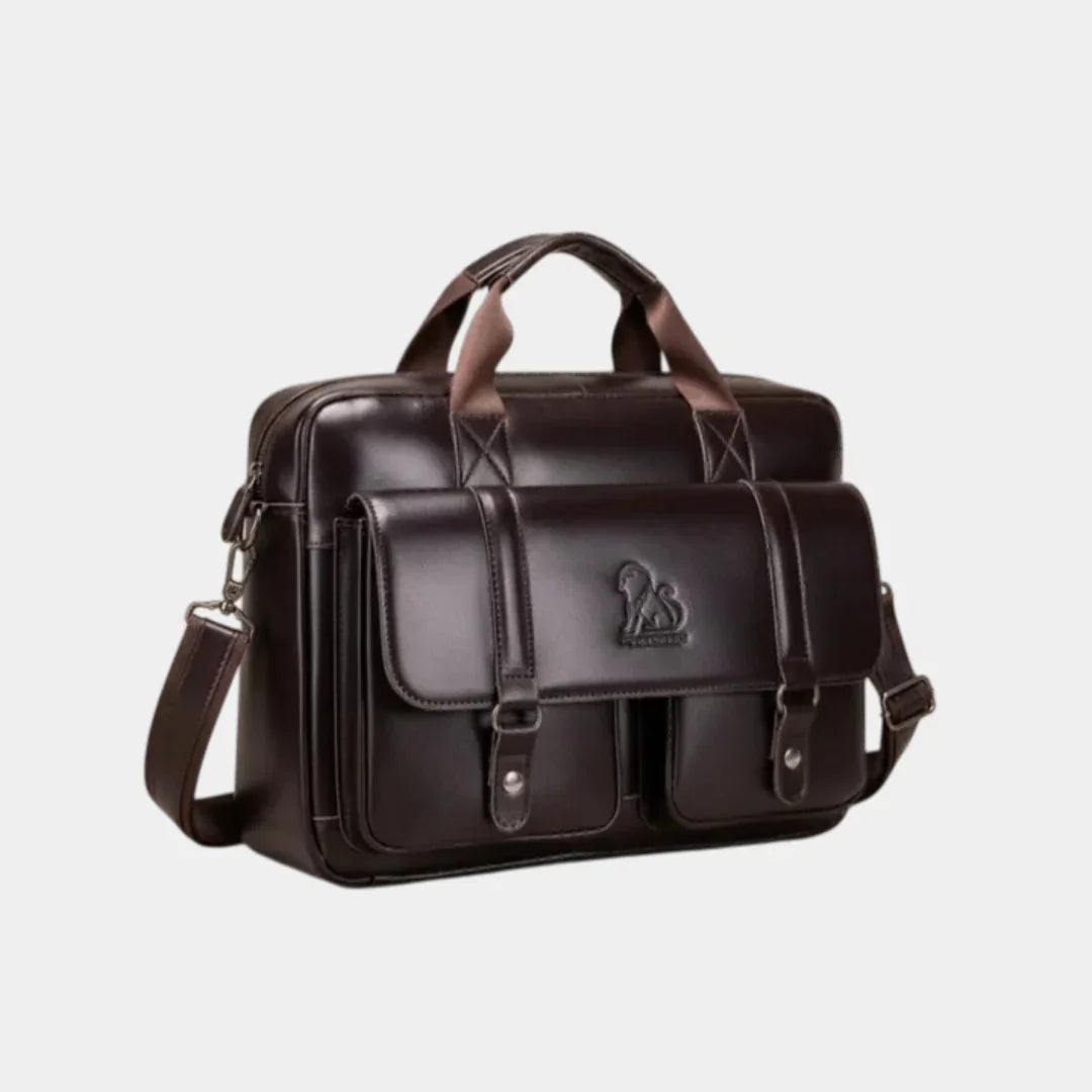 Dark brown leather briefcase with top handle, shoulder strap, and front flap pockets