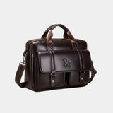 Dark brown leather briefcase with top handle, shoulder strap, and front flap pockets