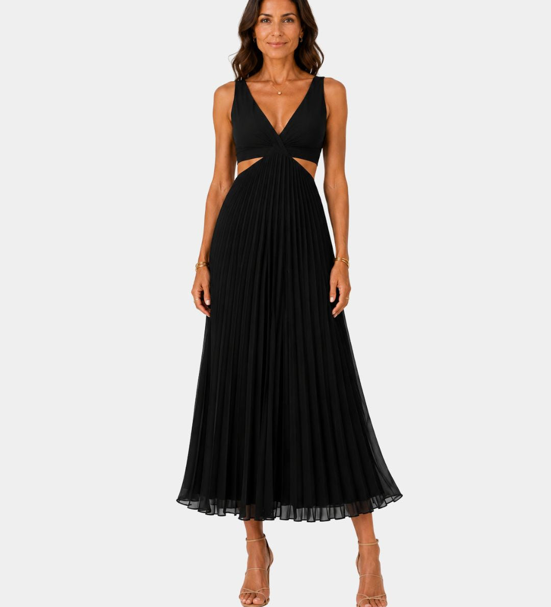 Black sleeveless V-neck long dress with pleated skirt and fitted waist seam