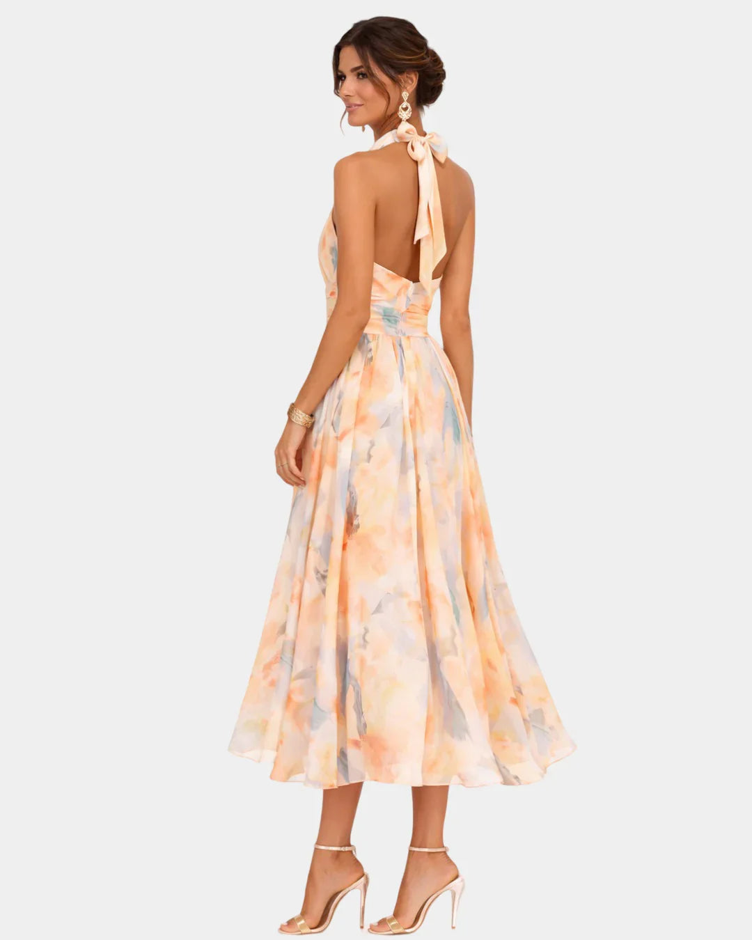 Backless halter neck watercolor print midi dress, peach and light blue, tie-back neck strap