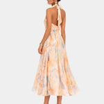 Backless halter neck watercolor print midi dress, peach and light blue, tie-back neck strap