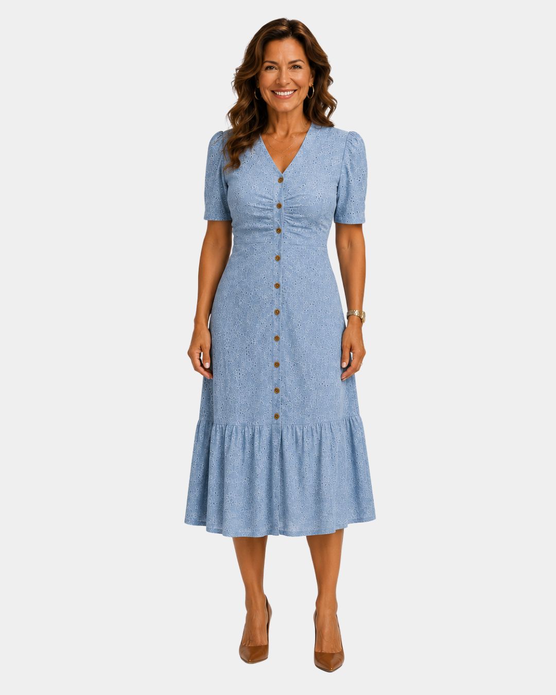 Lightweight shirt dress in light blue, short sleeves, button front, tiered skirt hem.