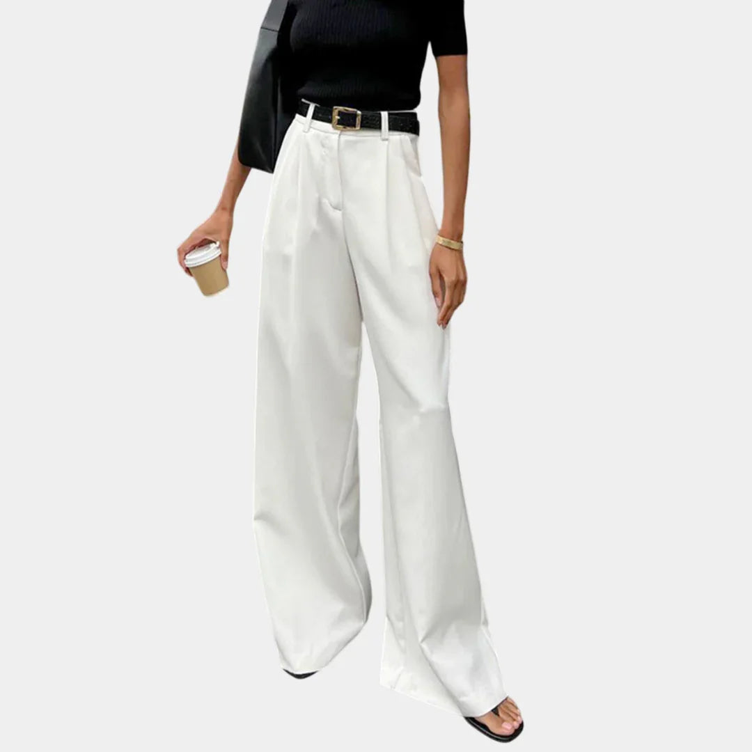 White solid wide-leg pants with high waist, pleats, and belt loops