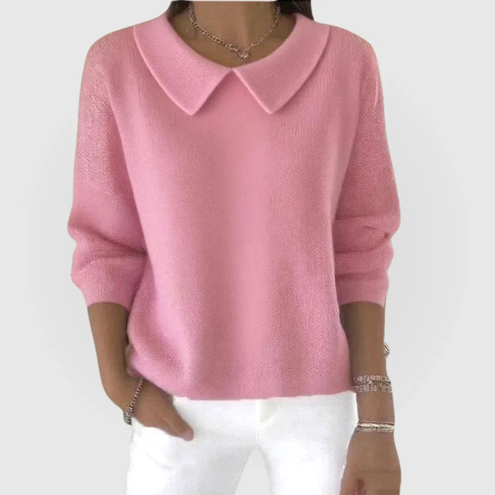 Pink classic sweater with collared V neckline, 3/4 sleeves