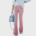 Pink corduroy flared pants with straight-to-flare legs and high waist