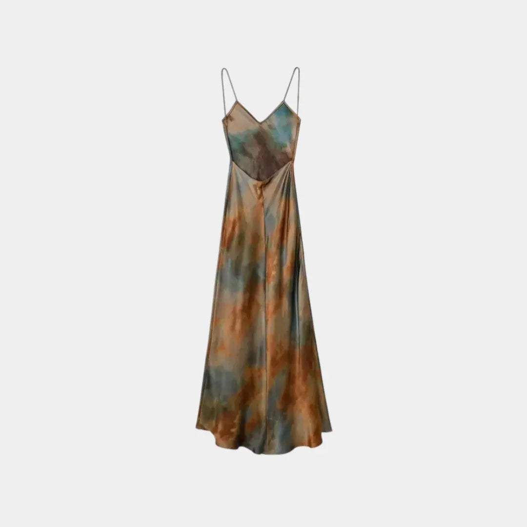 Abstract printed maxi dress with V-neck spaghetti straps and gathered waist, teal and rust