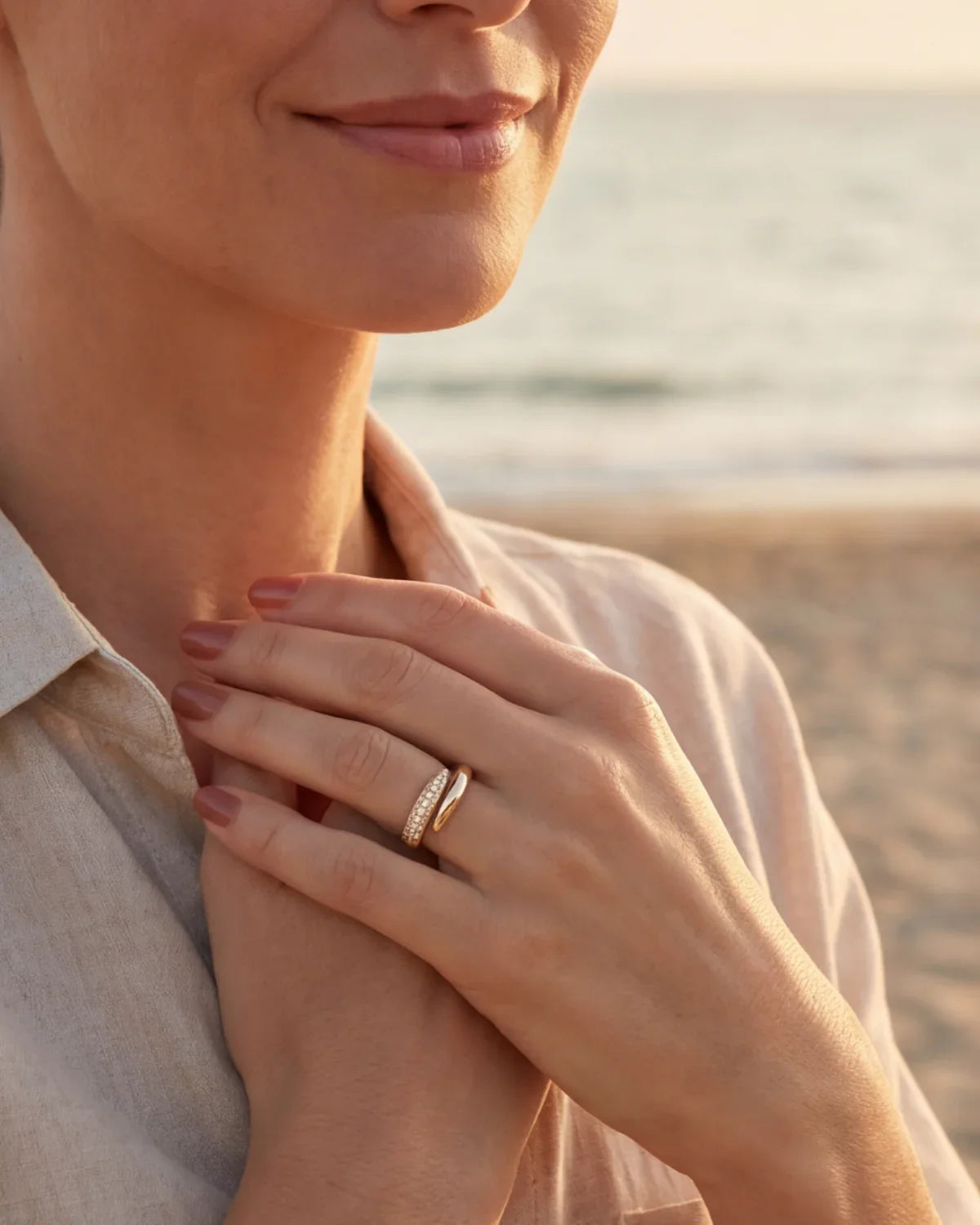 Gold adjustable ring with a curved band and pave-style accent