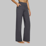 Black wide-leg pants with high-rise waist and side pockets, relaxed straight fit.