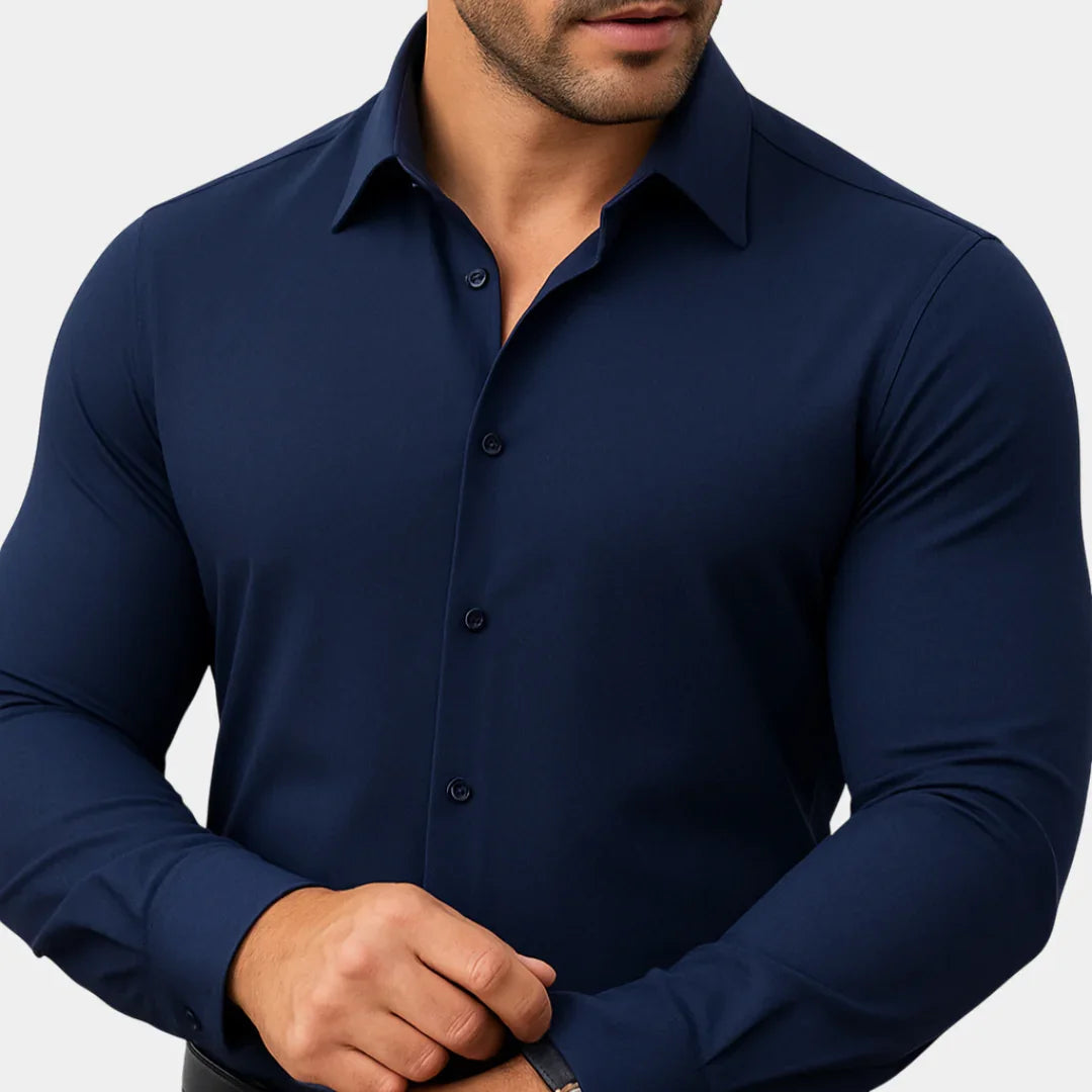 Men's deep navy stretch dress shirt with button-front and spread collar, long sleeves.
