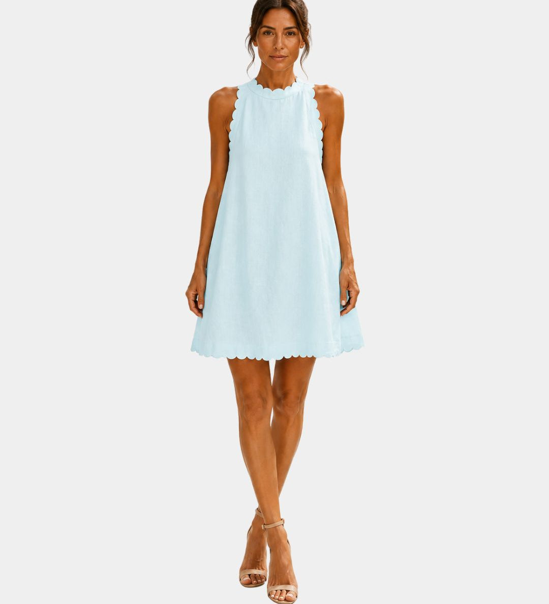 Light blue sleeveless short dress with high neck and scalloped hem, front view