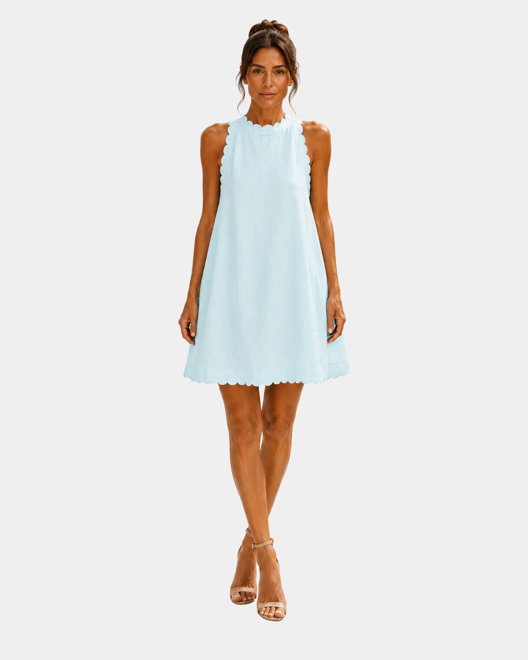 Light blue sleeveless short dress with high neck and scalloped hem, front view