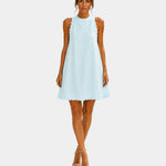 Light blue sleeveless short dress with high neck and scalloped hem, front view