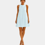 Light blue sleeveless short dress with high neck and scalloped hem, front view