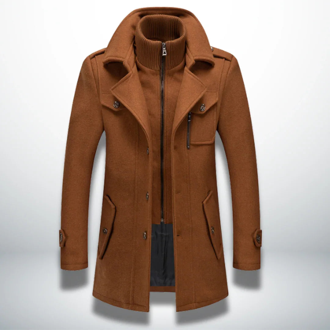 Camel winter coat with stand collar, zip front, and flap chest pockets.