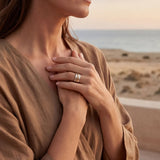 Three-band modern ring on finger, silver with gold-tone accents
