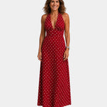 Red polka-dot maxi dress with sleeveless V-neck