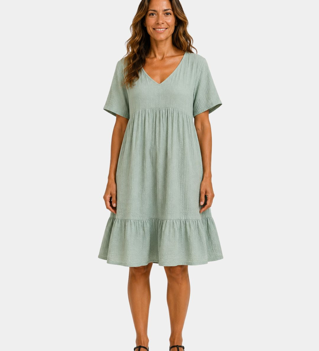 Light green textured V-neck midi dress with short sleeves and tiered skirt