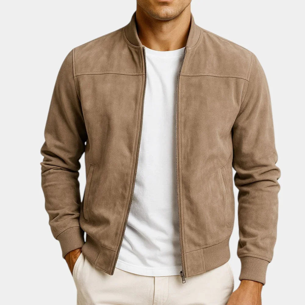 Suede bomber jacket in brown with stand collar and zip front