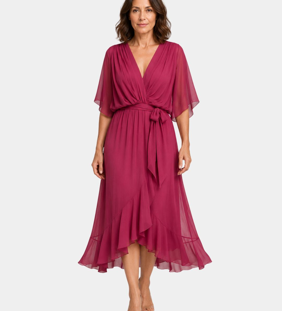 Purple chiffon V-neck wrap dress with tie waist, flutter sleeves and layered midi hem
