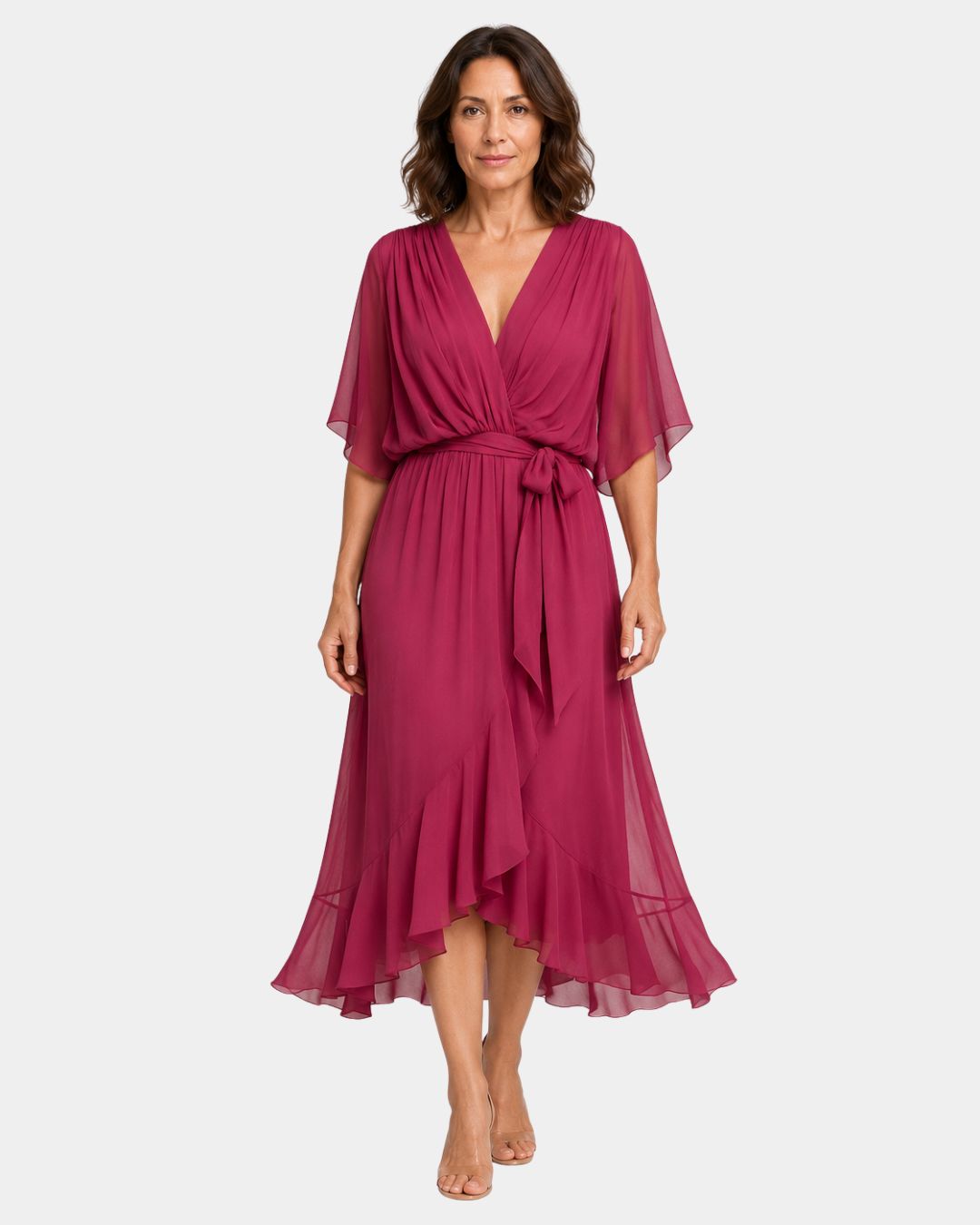 Purple chiffon V-neck wrap dress with tie waist, flutter sleeves and layered midi hem