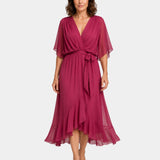 Purple chiffon V-neck wrap dress with tie waist, flutter sleeves and layered midi hem