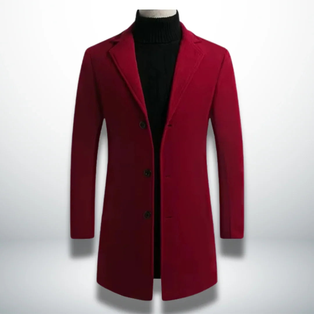 Men's dark red single-breasted coat with notched lapels and four-button front