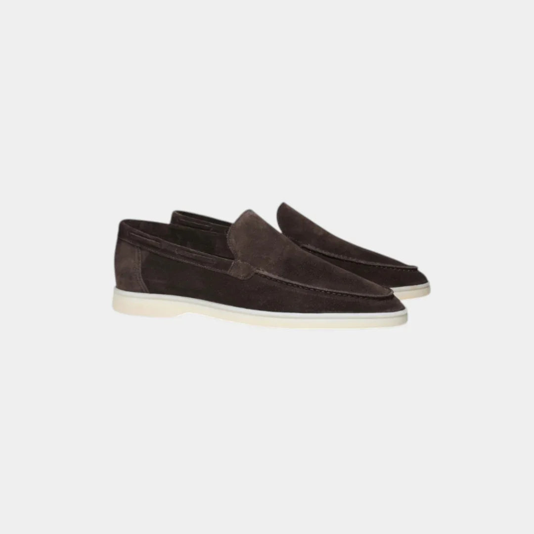 Dark brown suede loafer shoes with moc toe and contrasting white sole