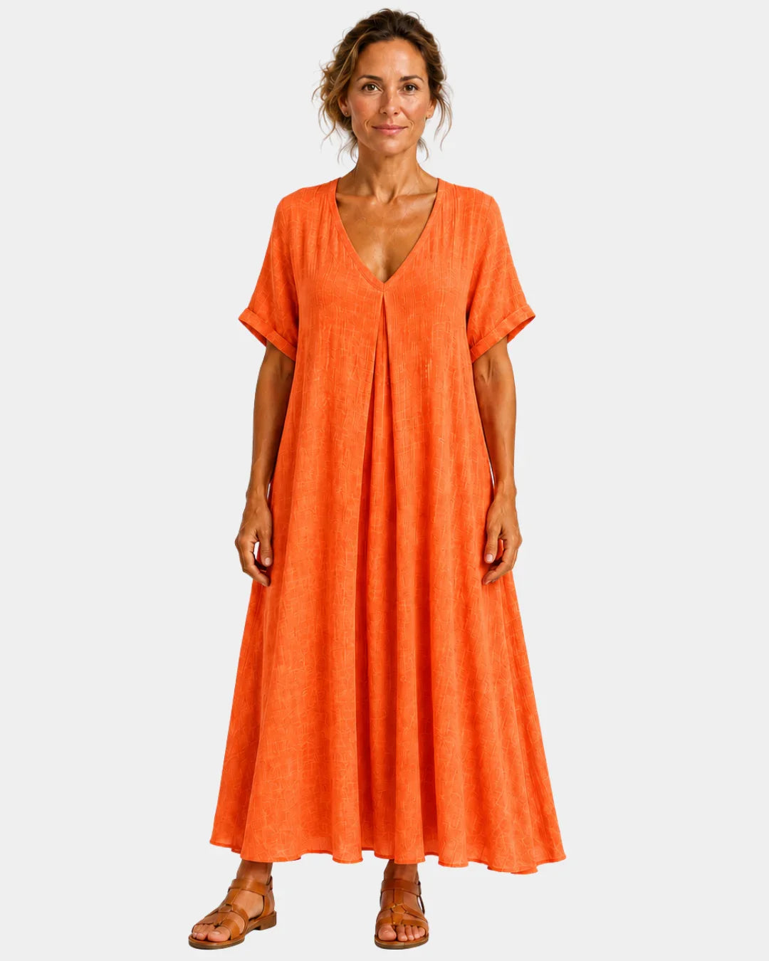 Orange lightweight long dress with V-neck, short sleeves and gathered skirt.