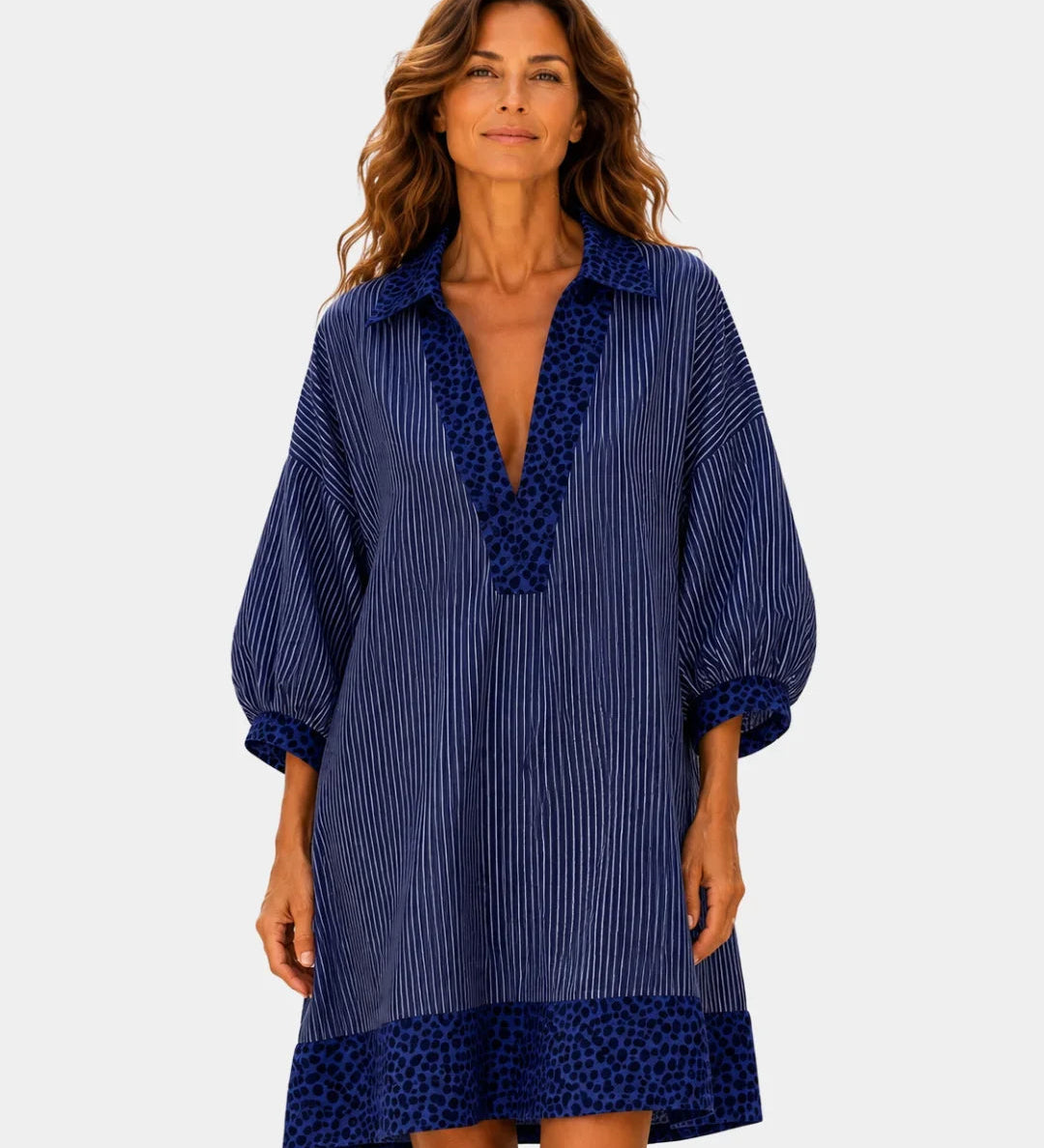 Leopard print V-neck striped dress in navy with dark blue leopard hem and sleeve cuffs