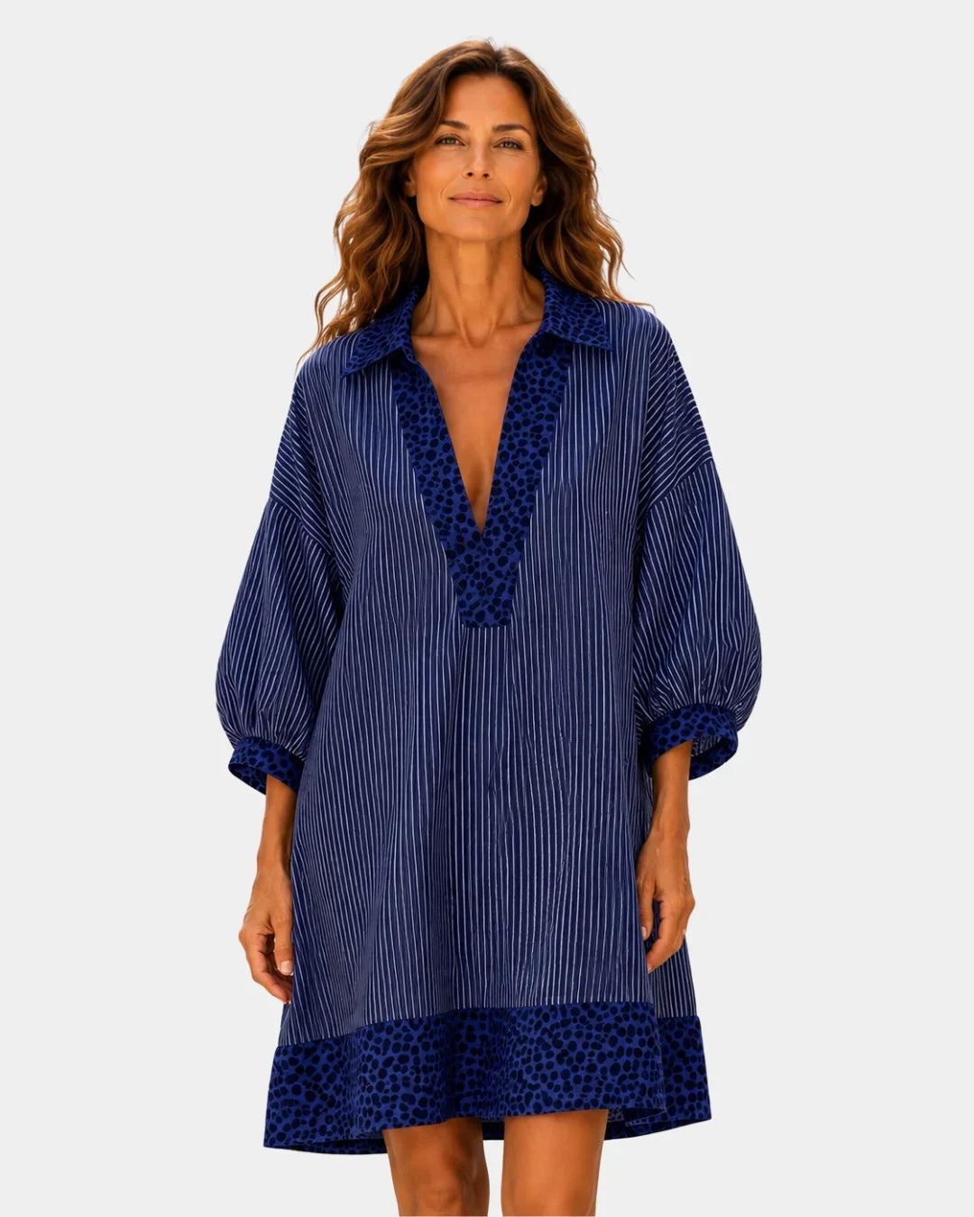 Leopard print V-neck striped dress in navy with dark blue leopard hem and sleeve cuffs