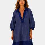 Leopard print V-neck striped dress in navy with dark blue leopard hem and sleeve cuffs