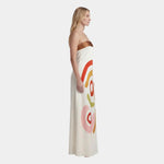 Cut-out bandeau midi dress in off-white with multicolor abstract circle print, side view