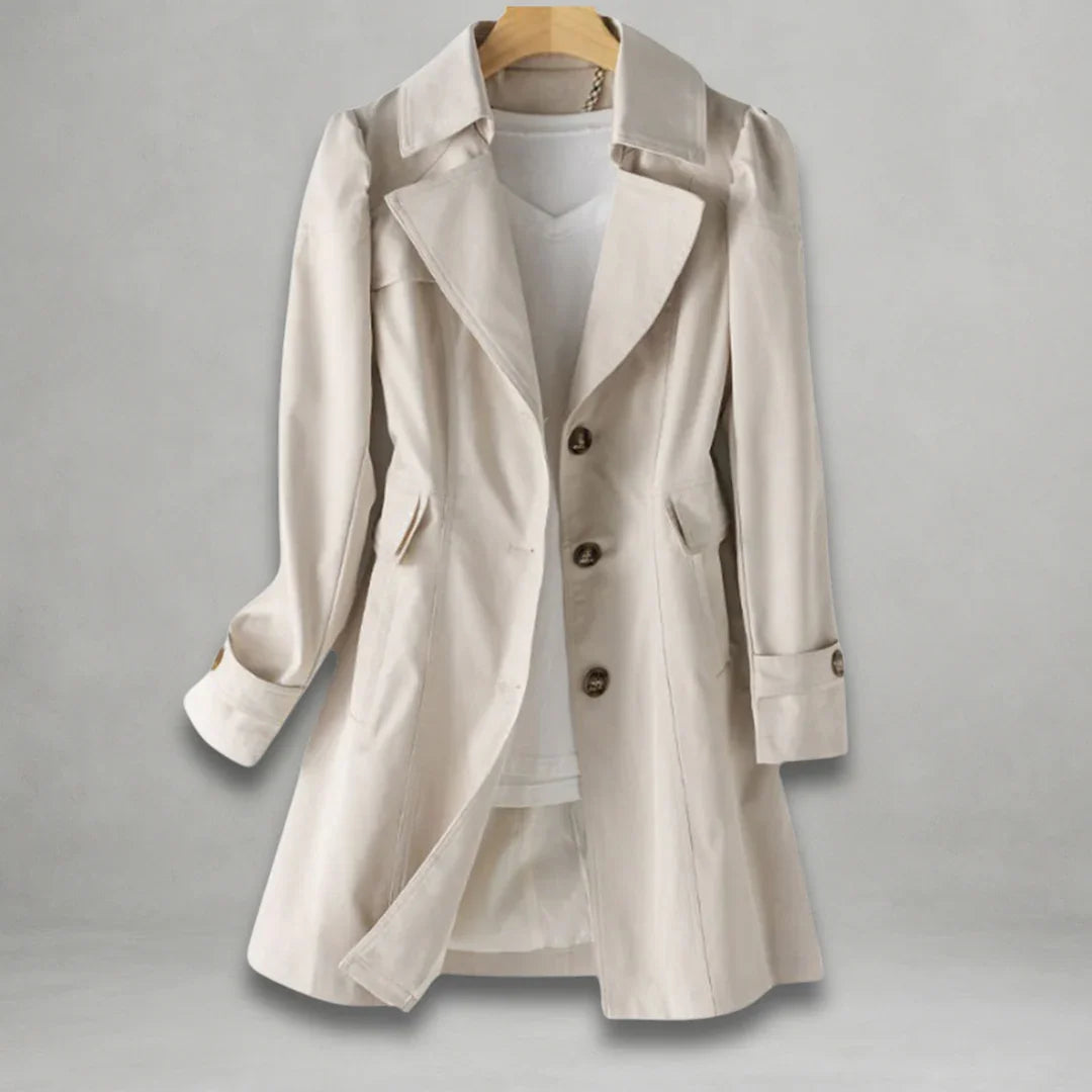 Light beige spring trench coat with notched lapels, flap pockets, and button front