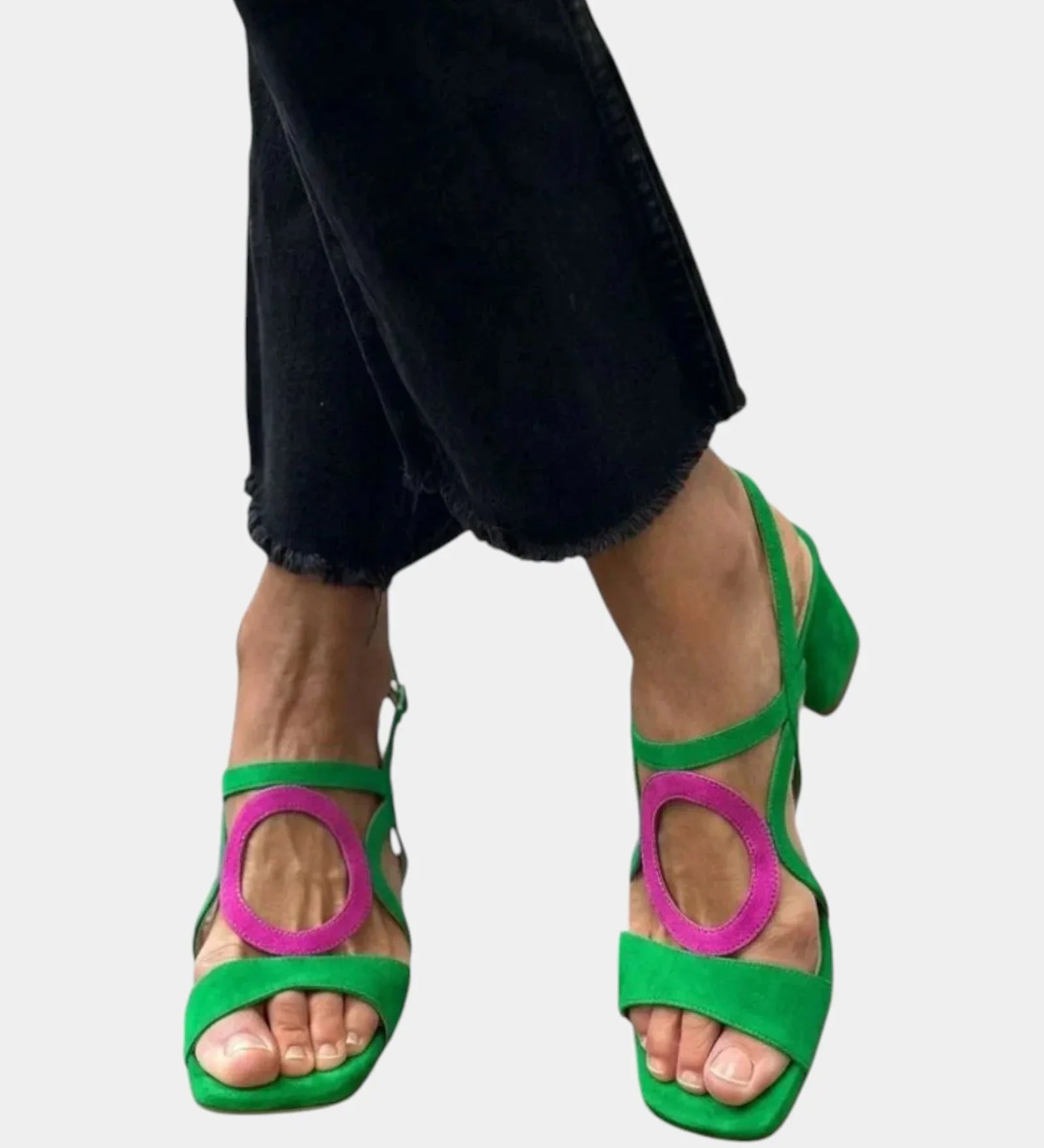 Green square-toe sandals with rounded cutout straps and block-heel look