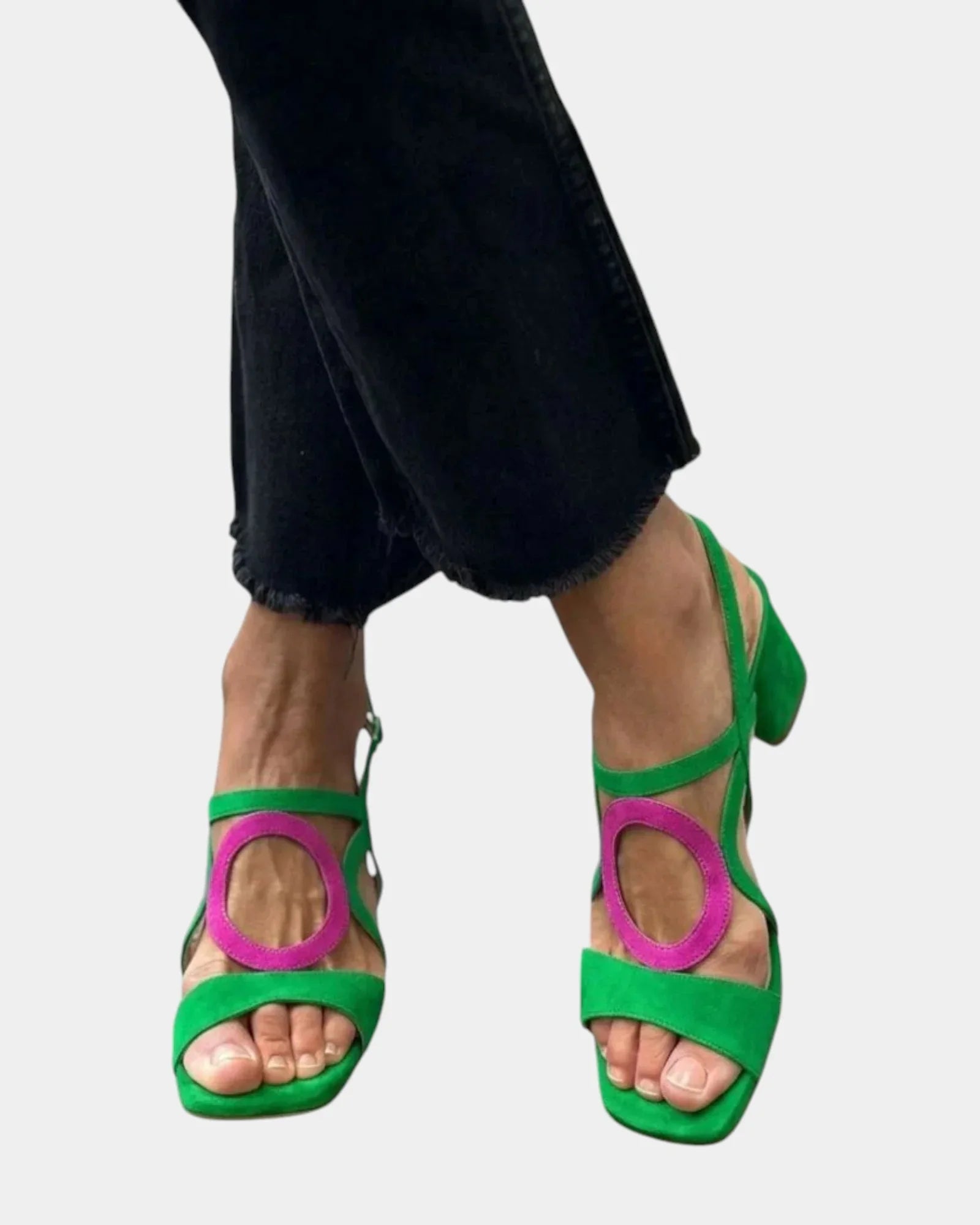 Green square-toe sandals with rounded cutout straps and block-heel look