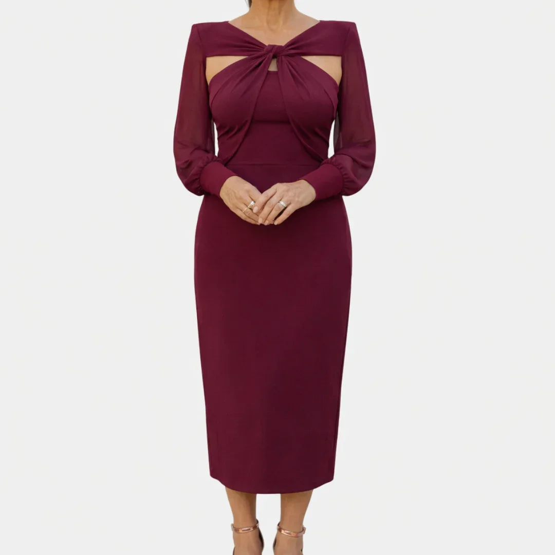 Burgundy midi crossed dress with long sleeves and tied neckline