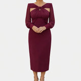 Burgundy midi crossed dress with long sleeves and tied neckline