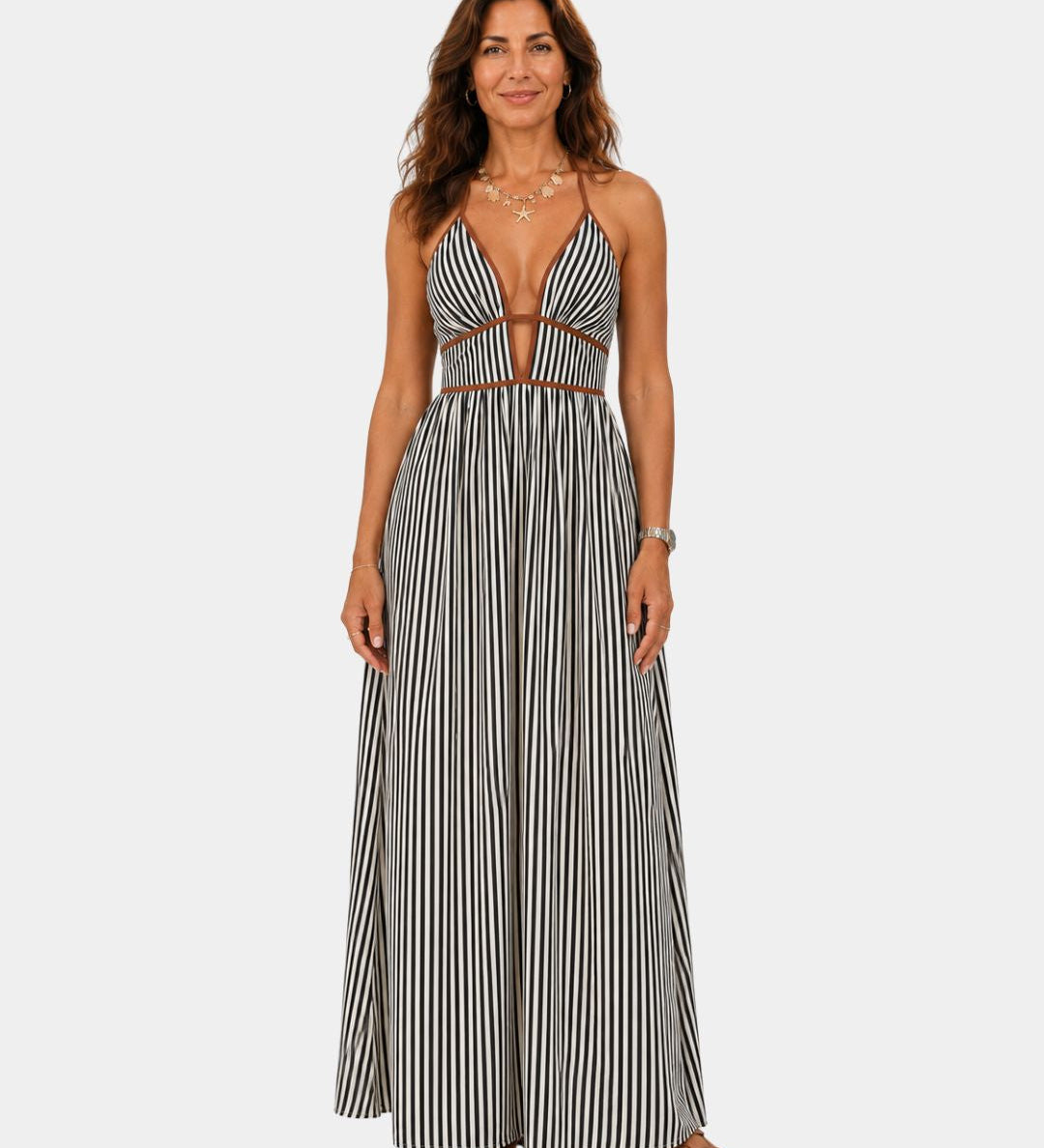 Black and white striped long summer dress with halter keyhole cutout