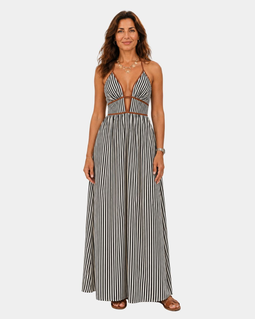 Black and white striped long summer dress with halter keyhole cutout