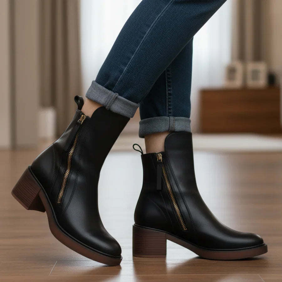 Black leather ankle boots with side zipper and tassel, block heel on floor