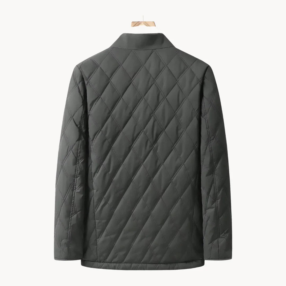 Dark green quilted coat, back view, diamond stitch pattern