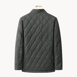 Dark green quilted coat, back view, diamond stitch pattern