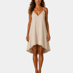 Beige short fluid slip dress with lace-trim V neckline and scalloped hem