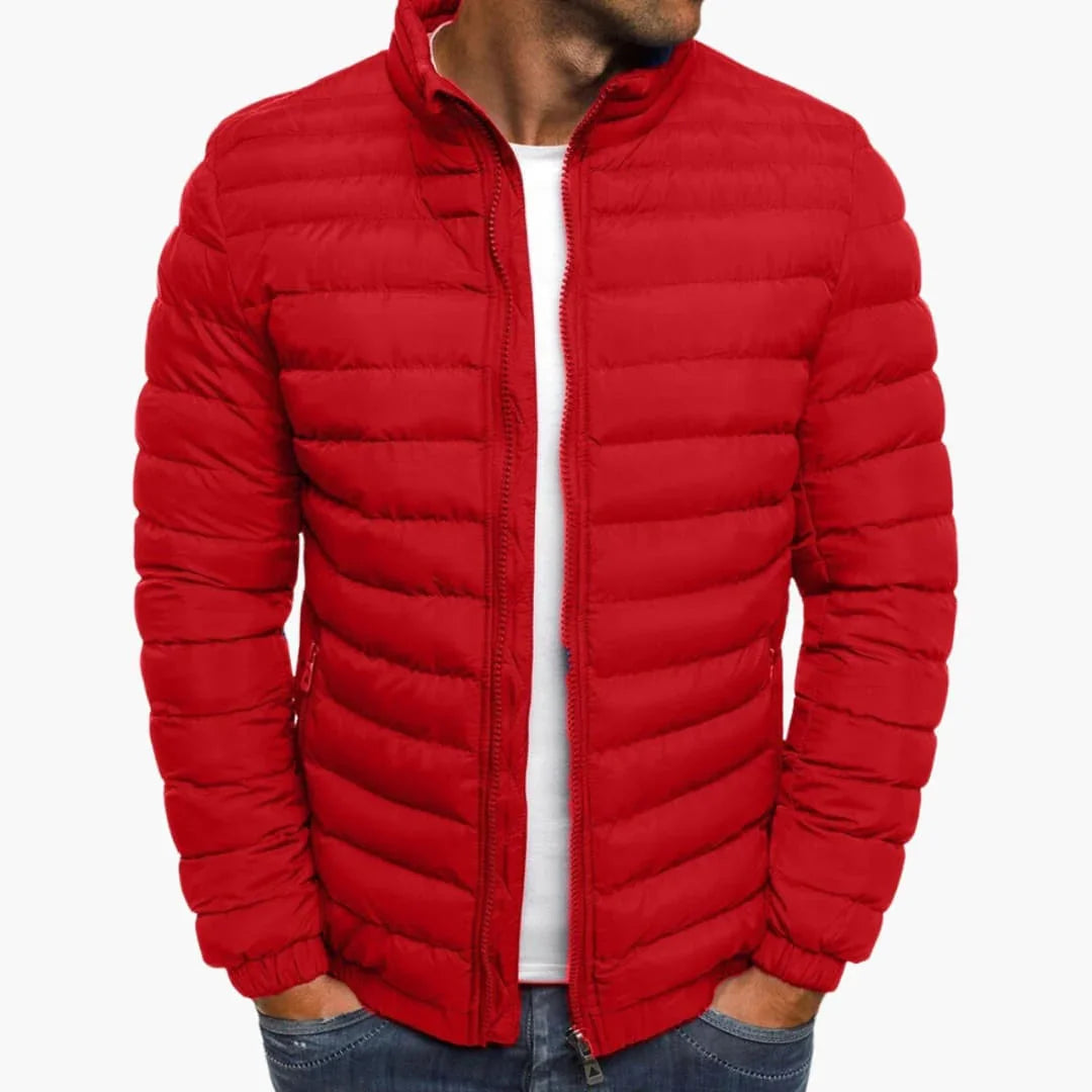 Red puffer down jacket with full zip front and stand collar.