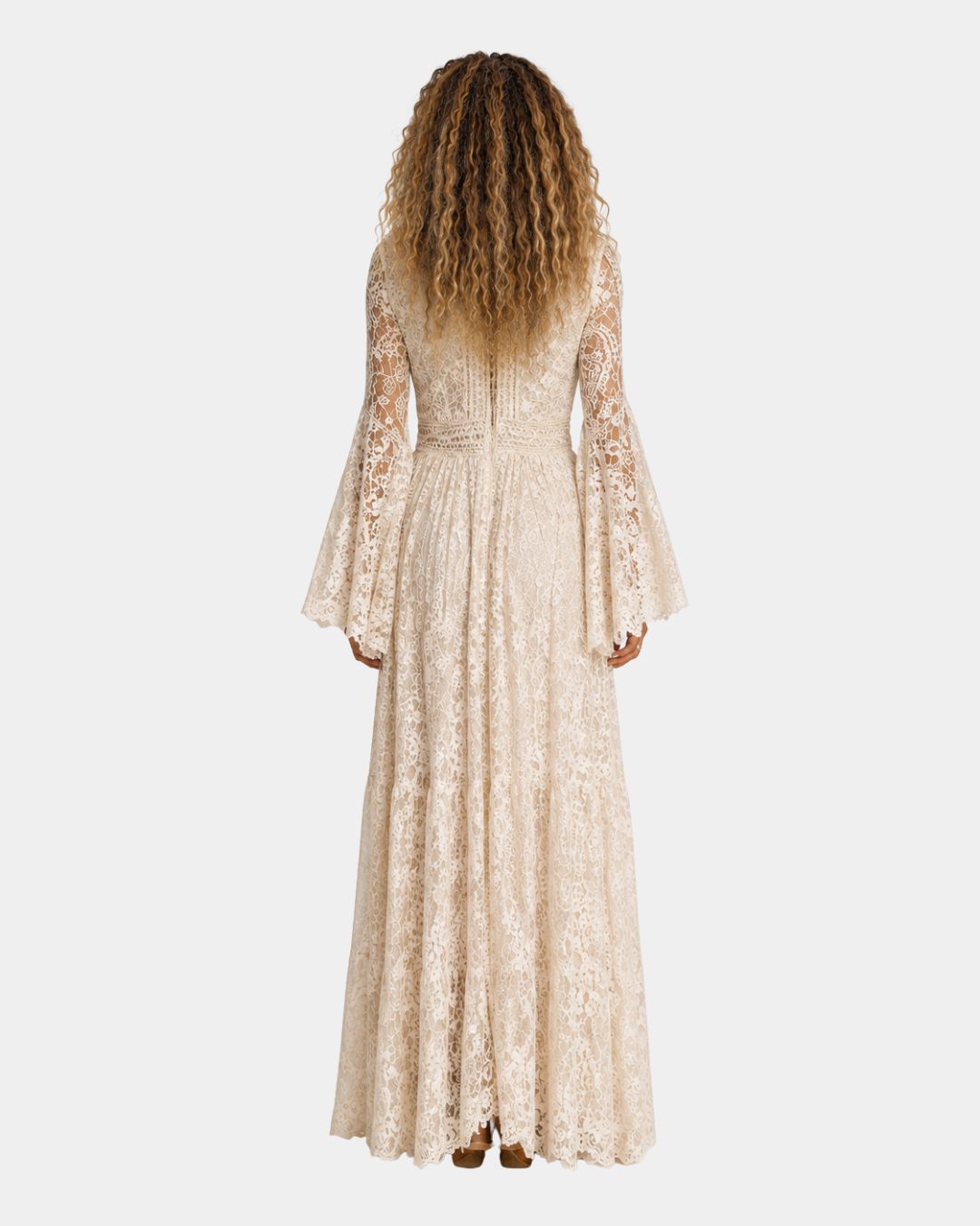 Cream lace long dress, V-back with long sleeves and fitted mermaid cut