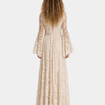 Cream lace long dress, V-back with long sleeves and fitted mermaid cut