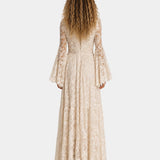 Cream lace long dress, V-back with long sleeves and fitted mermaid cut