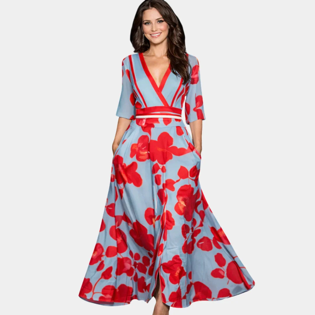 Floral maxi dress with V-neck, red trim, waist tie, and 3/4 sleeves