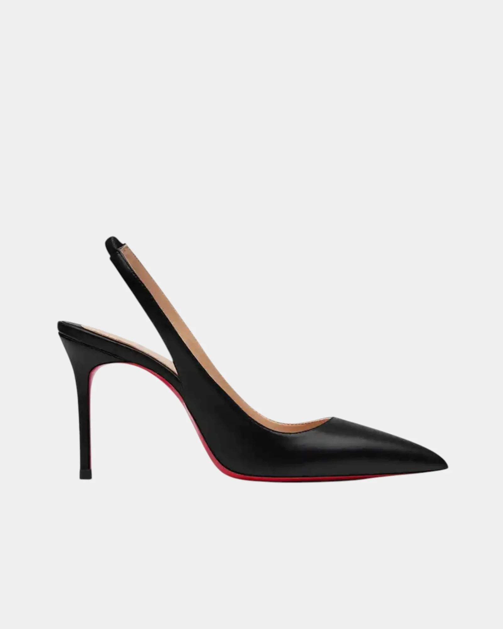 Shiny black pointed-toe slingback heels with high stiletto heel and open back