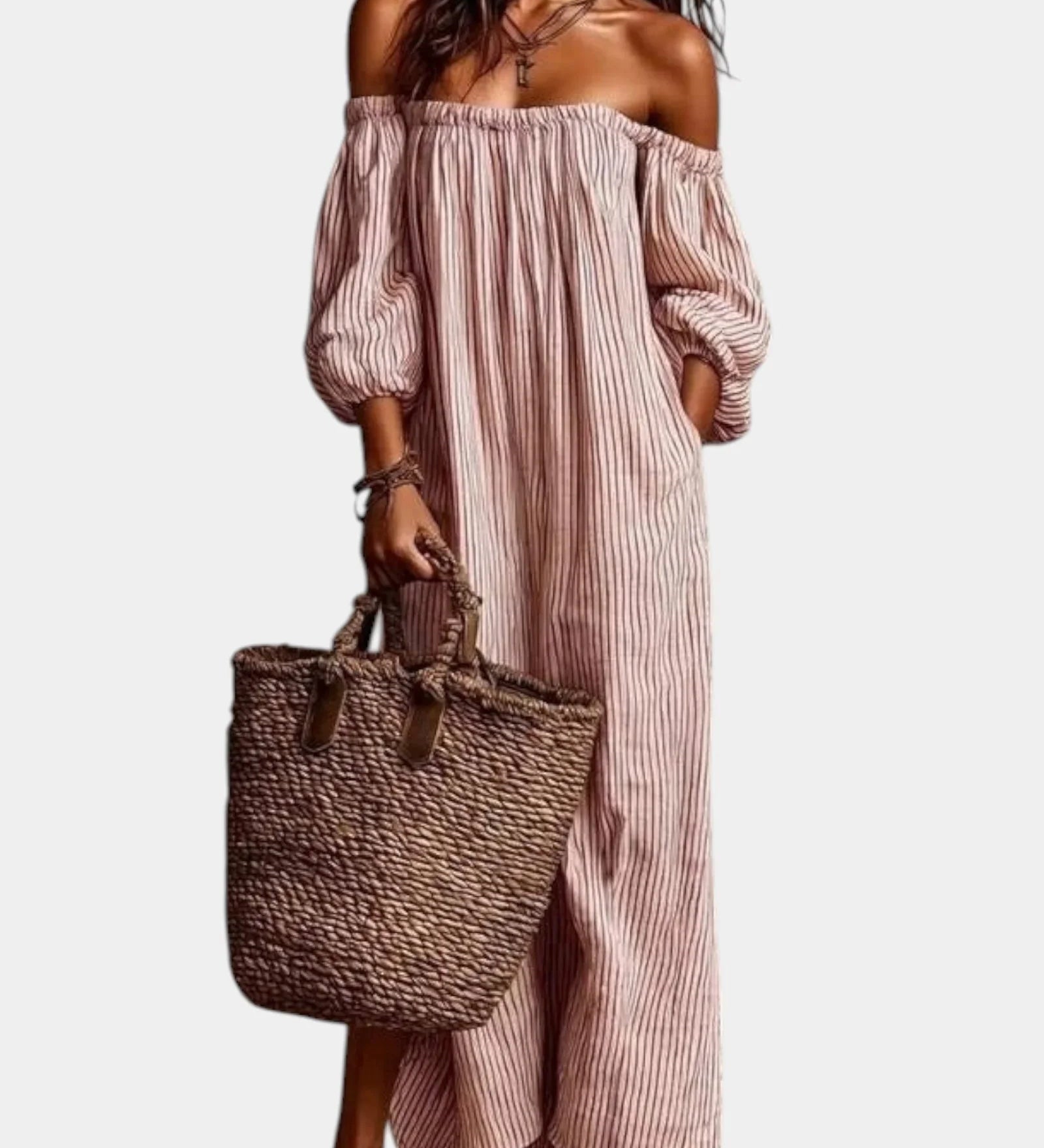 Pink off-shoulder striped maxi dress with gathered neckline and balloon sleeves.